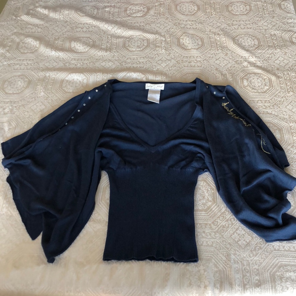 Stunning navy top w gold and clear stone accents